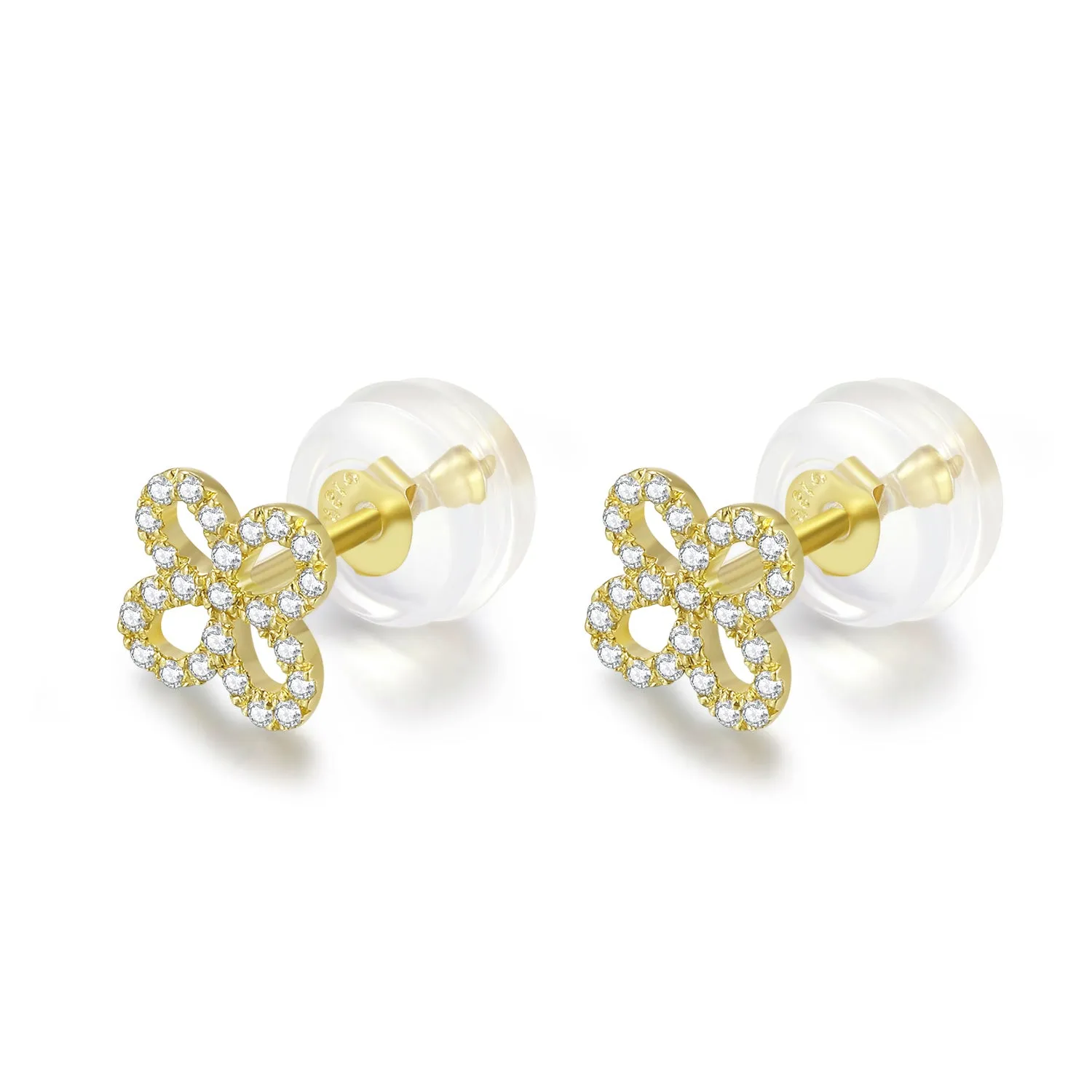 14K Solid Gold Clover Stud Earring Exclusively Handcrafted 0.113 Carat Natural Diamond (H-F Color, VS1-VS2 Clarity)