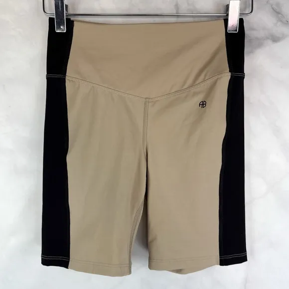 Anine Bing Sport Blake High Waisted Biker Shorts Activewear Athleisure Tan Black