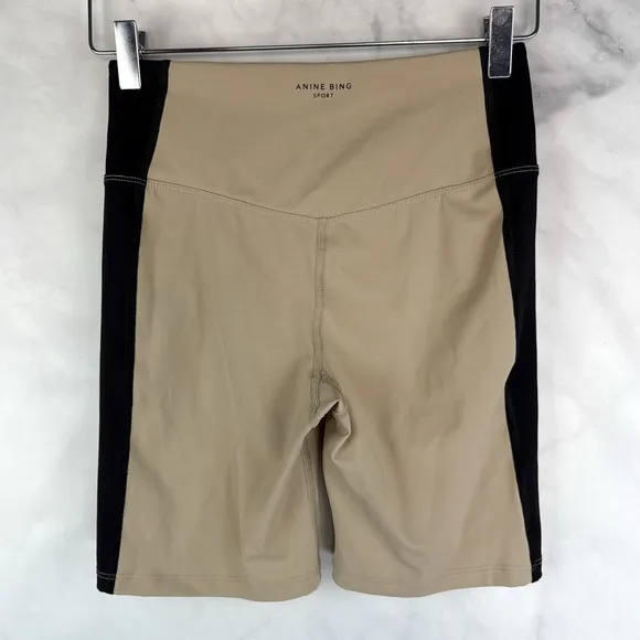 Anine Bing Sport Blake High Waisted Biker Shorts Activewear Athleisure Tan Black