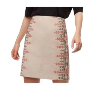 Ann Taylor LOFT Red Black Embroidered Tan Linen Cotton Blend Knee Length Skirt 4