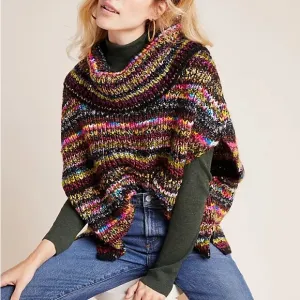Anthropologie Piera Multicolor Knit Oversized Turtleneck Poncho Sweater XSP/SP