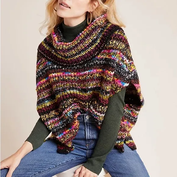 Anthropologie Piera Multicolor Knit Oversized Turtleneck Poncho Sweater XSP/SP