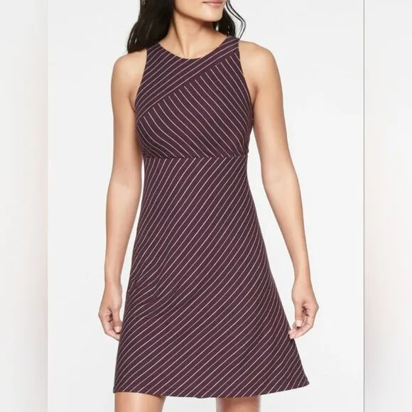 Athleta Maroon White Sleeveless Santorini High Back Stripe Athletic Dress Large