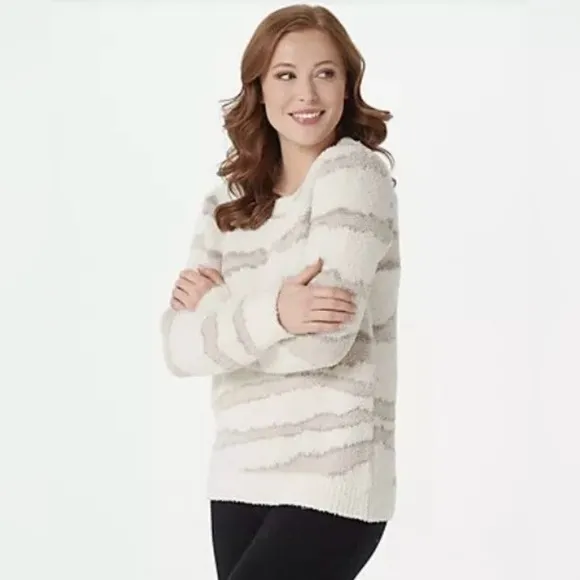 Barefoot Dreams - CozyChic Seaside Crew Neck Sweater - Cream Zebra, Medium