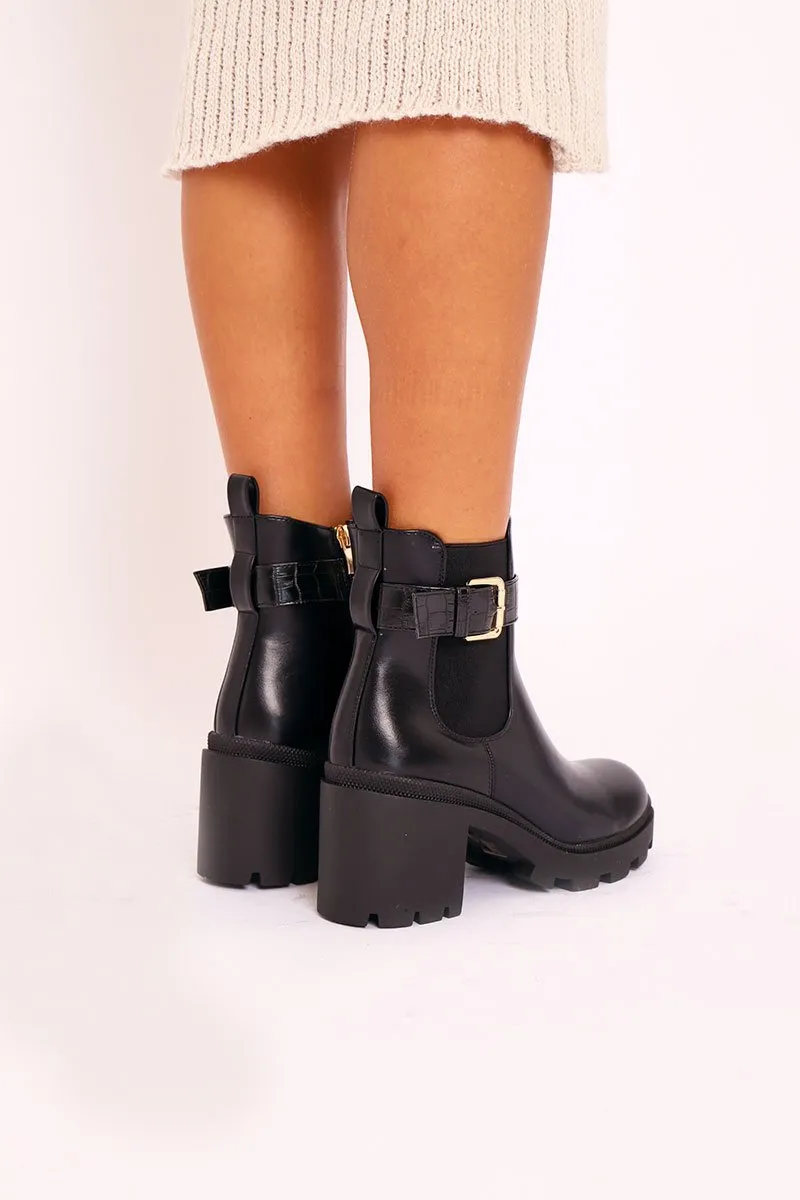Black PU Buckle Heeled Chelsea Boot - Damari
