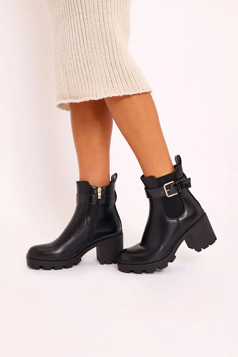 Black PU Buckle Heeled Chelsea Boot - Damari