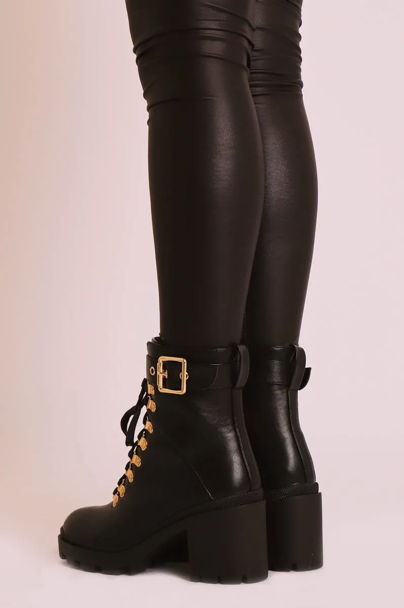 Black PU Gold Detail Heeled Military Boot - Abela