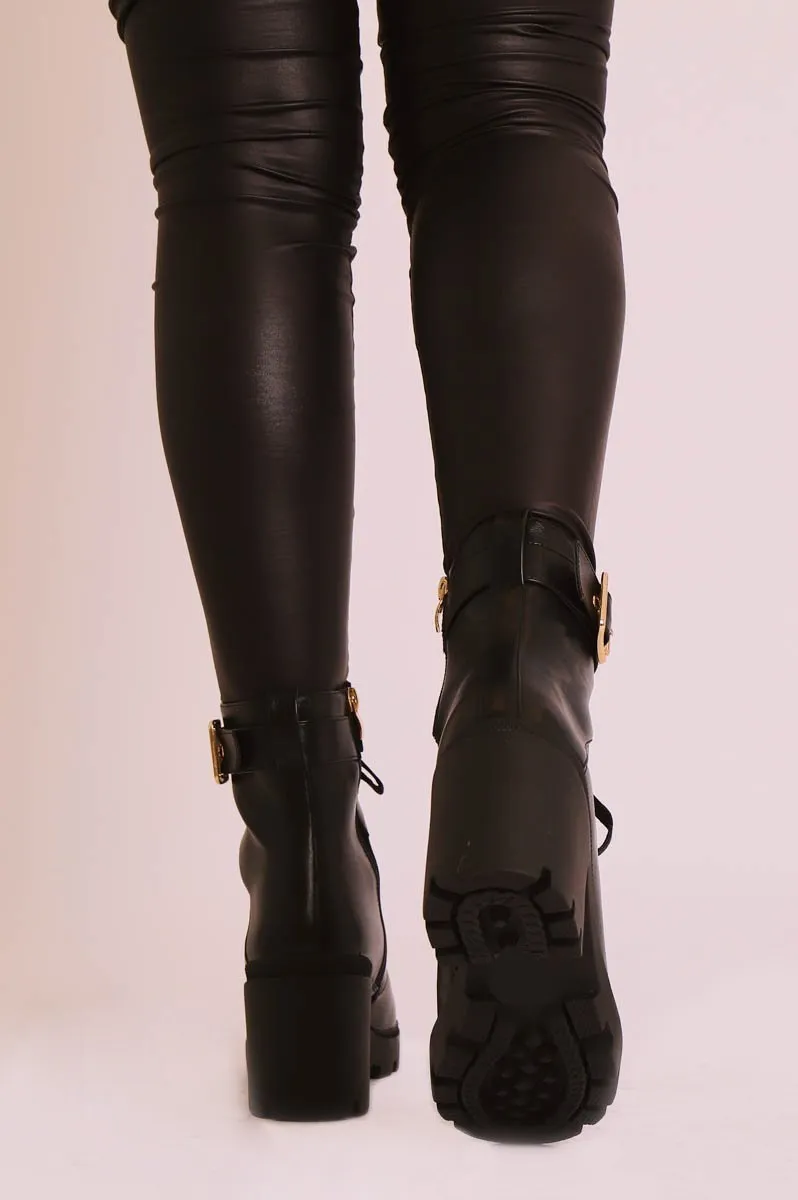 Black PU Gold Detail Heeled Military Boot - Abela