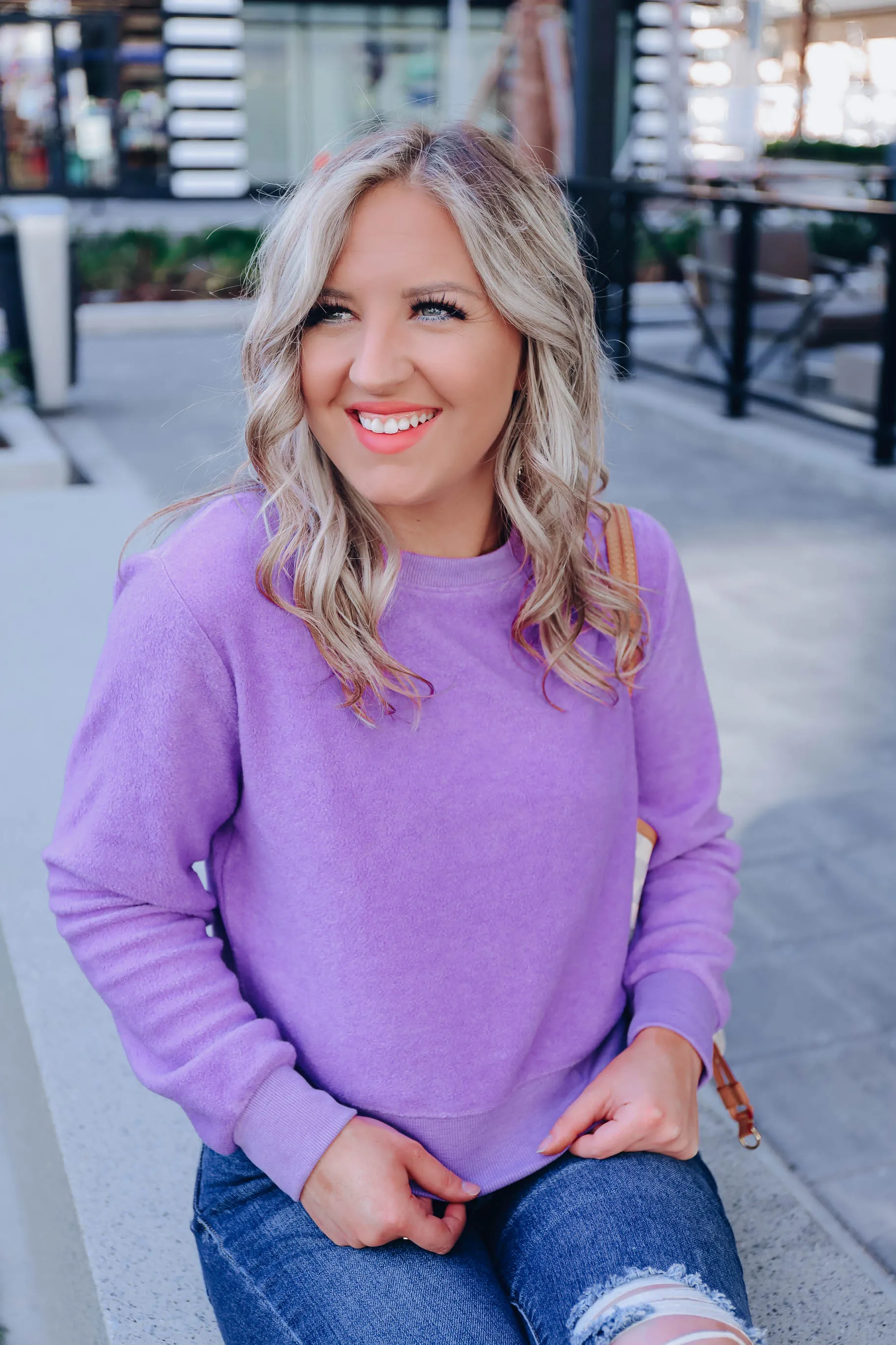 Brushed Fleece Crew Neck Pullover - Purple