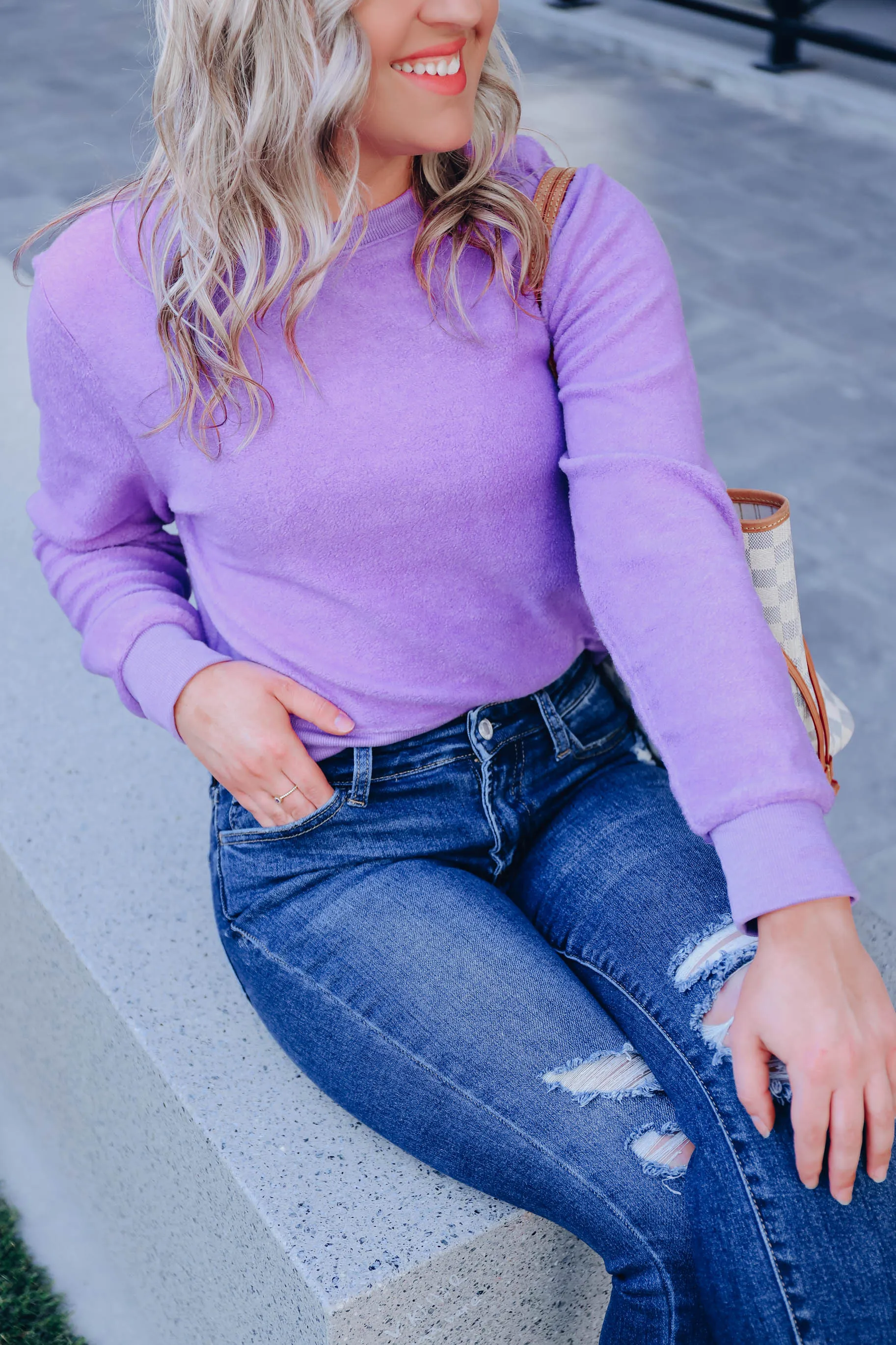 Brushed Fleece Crew Neck Pullover - Purple