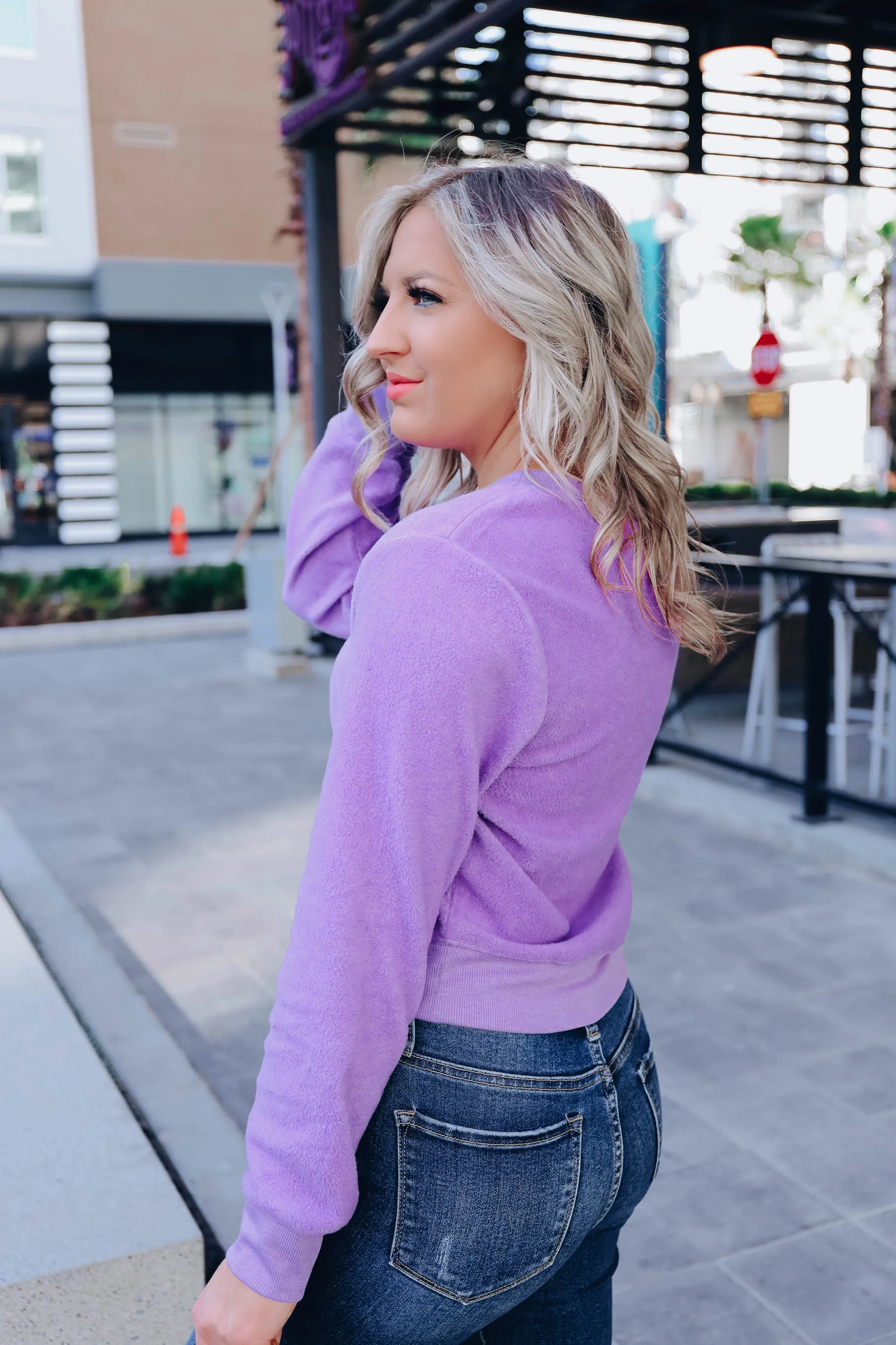Brushed Fleece Crew Neck Pullover - Purple