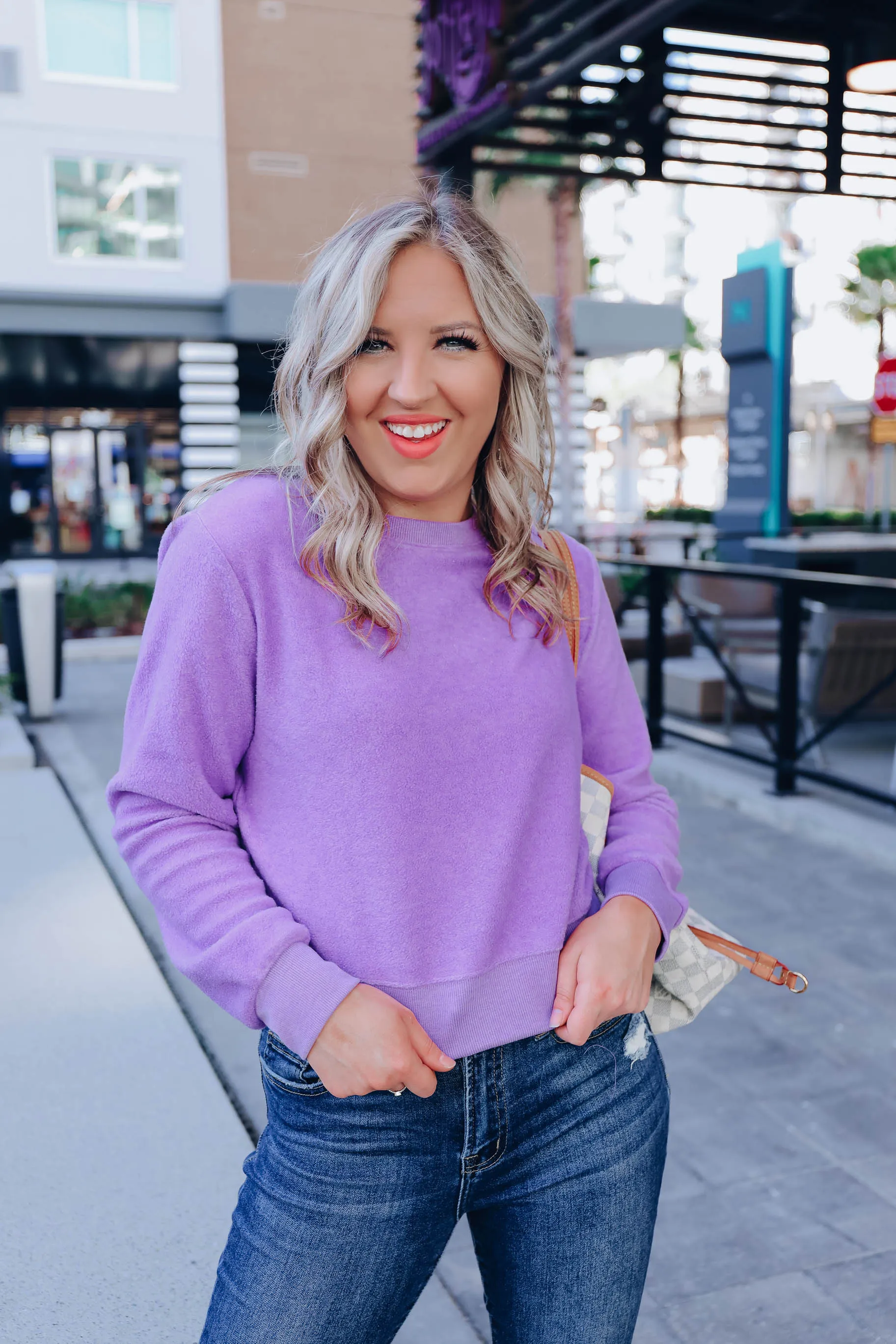 Brushed Fleece Crew Neck Pullover - Purple