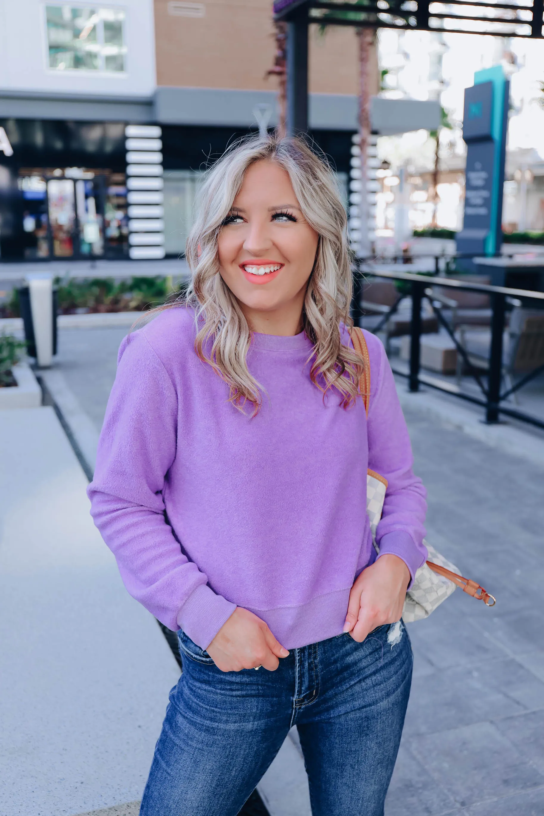 Brushed Fleece Crew Neck Pullover - Purple