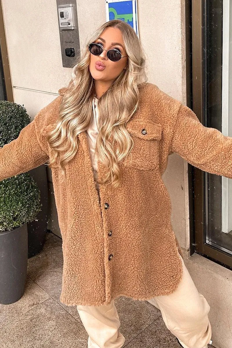 Camel Pocket Front Teddy Shacket - Ozie