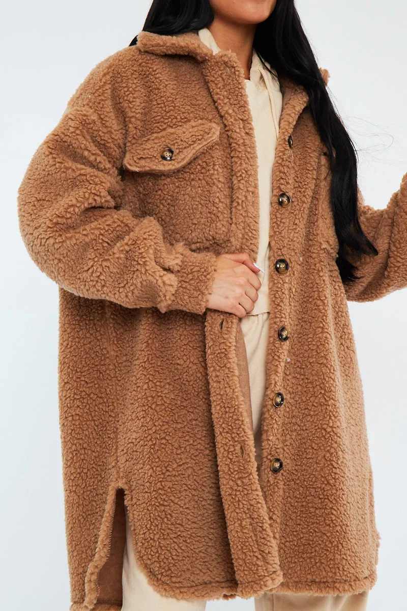 Camel Pocket Front Teddy Shacket - Ozie