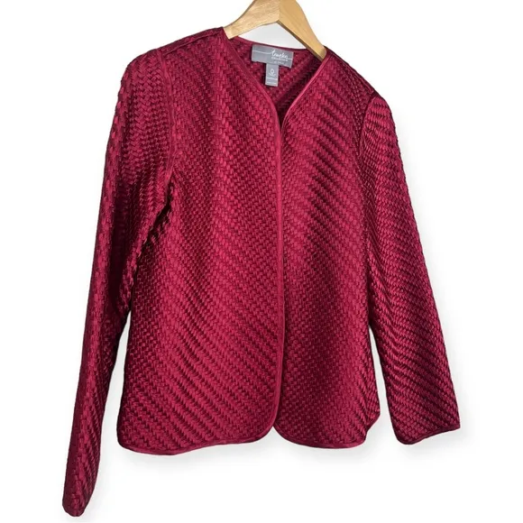 CHICOS Red Open Front Basket Weave Jacket Womens SMALL Holiday Woven Travelers