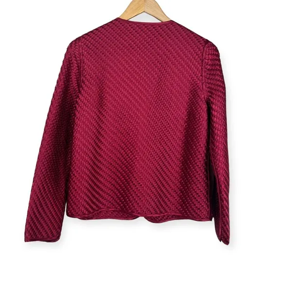 CHICOS Red Open Front Basket Weave Jacket Womens SMALL Holiday Woven Travelers