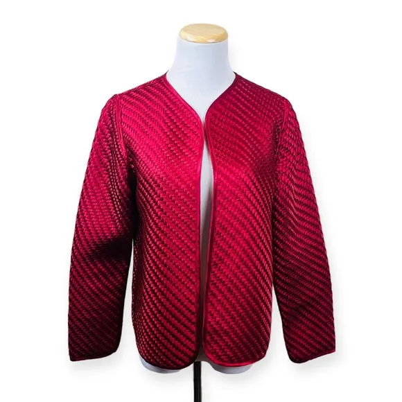 CHICOS Red Open Front Basket Weave Jacket Womens SMALL Holiday Woven Travelers