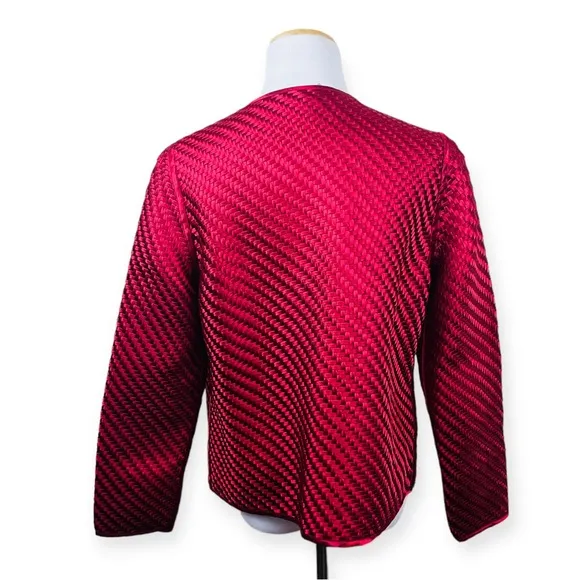 CHICOS Red Open Front Basket Weave Jacket Womens SMALL Holiday Woven Travelers