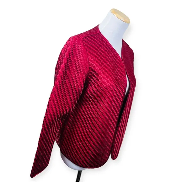 CHICOS Red Open Front Basket Weave Jacket Womens SMALL Holiday Woven Travelers