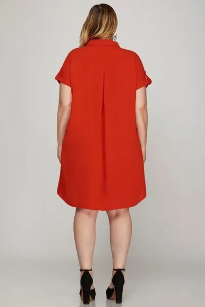 Deep Red Button Down Short Sleeve Woven Shirt Dress