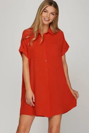 Deep Red Button Down Short Sleeve Woven Shirt Dress