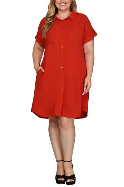 Deep Red Button Down Short Sleeve Woven Shirt Dress