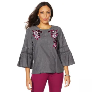 DG2 by Diane Gilman Women's Flare Sleeve Denim Top With Embroidery
