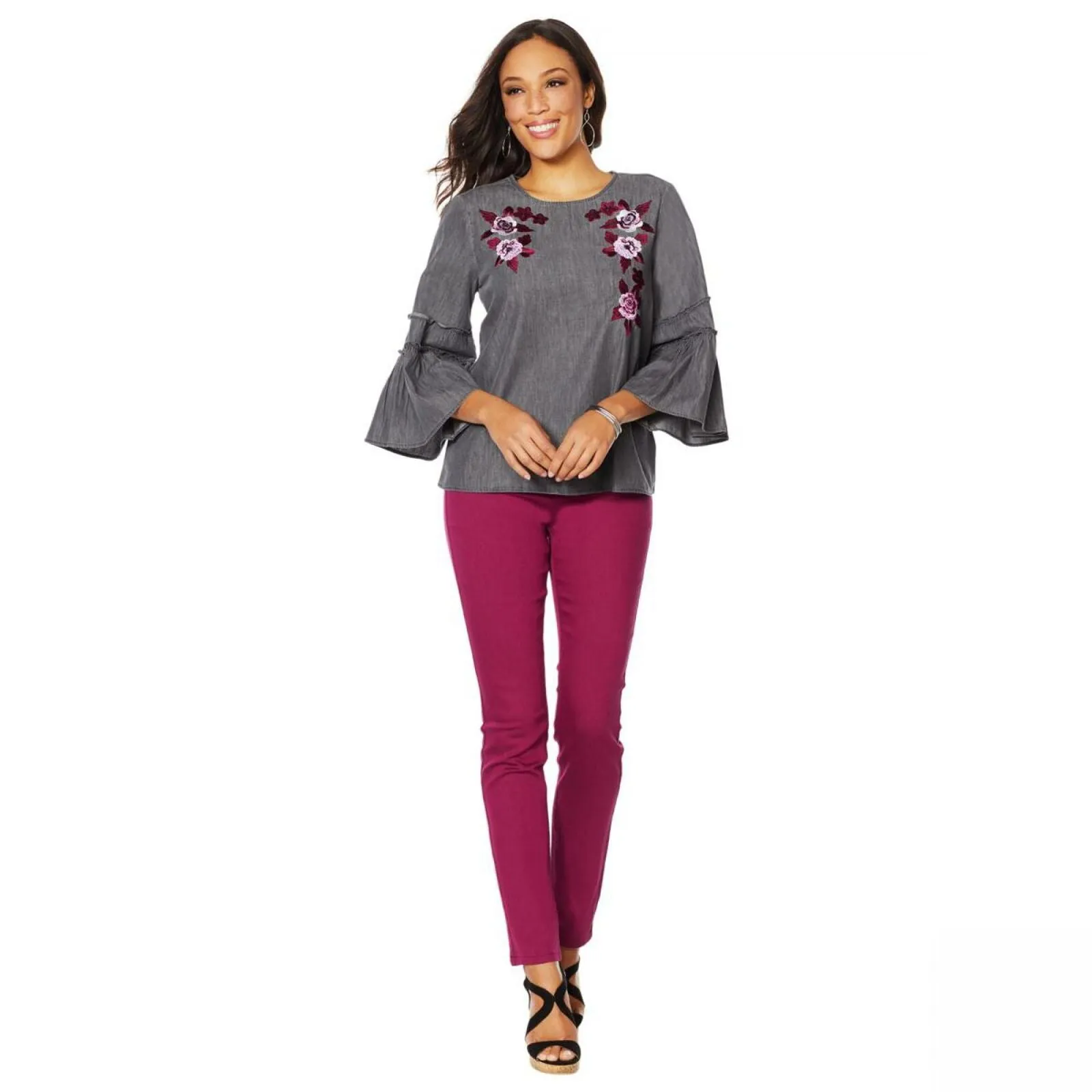 DG2 by Diane Gilman Women's Flare Sleeve Denim Top With Embroidery