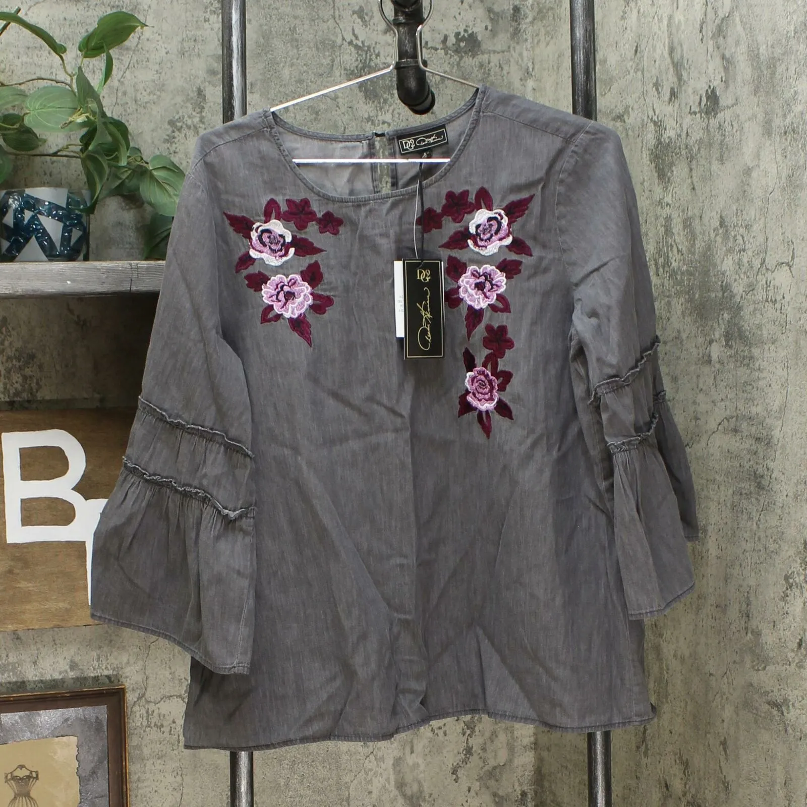 DG2 by Diane Gilman Women's Flare Sleeve Denim Top With Embroidery