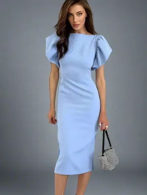 Elegant Blue Bodycon Midi Dress | Ruffle Sleeve Slit Office Dress 2025