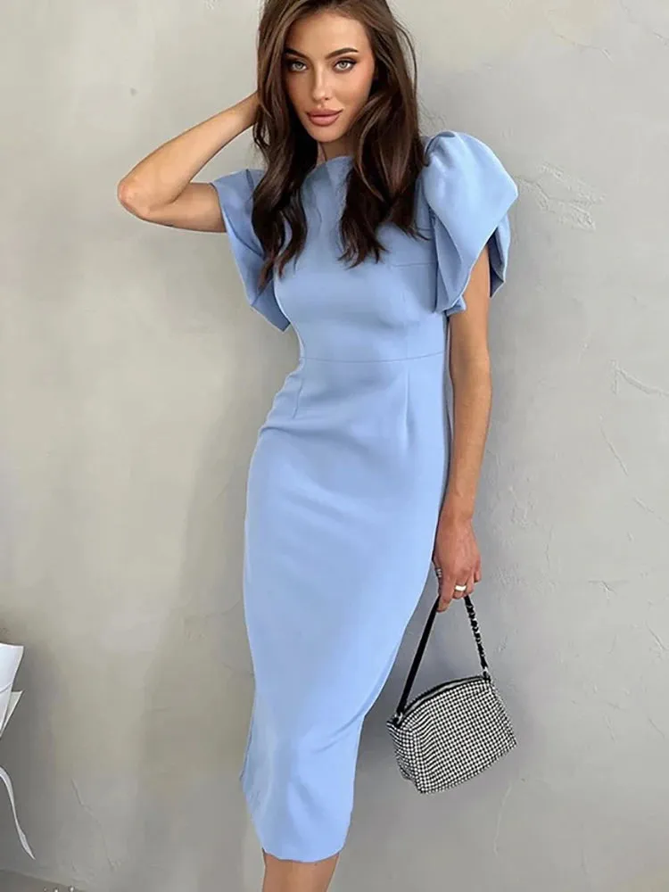 Elegant Blue Bodycon Midi Dress | Ruffle Sleeve Slit Office Dress 2025