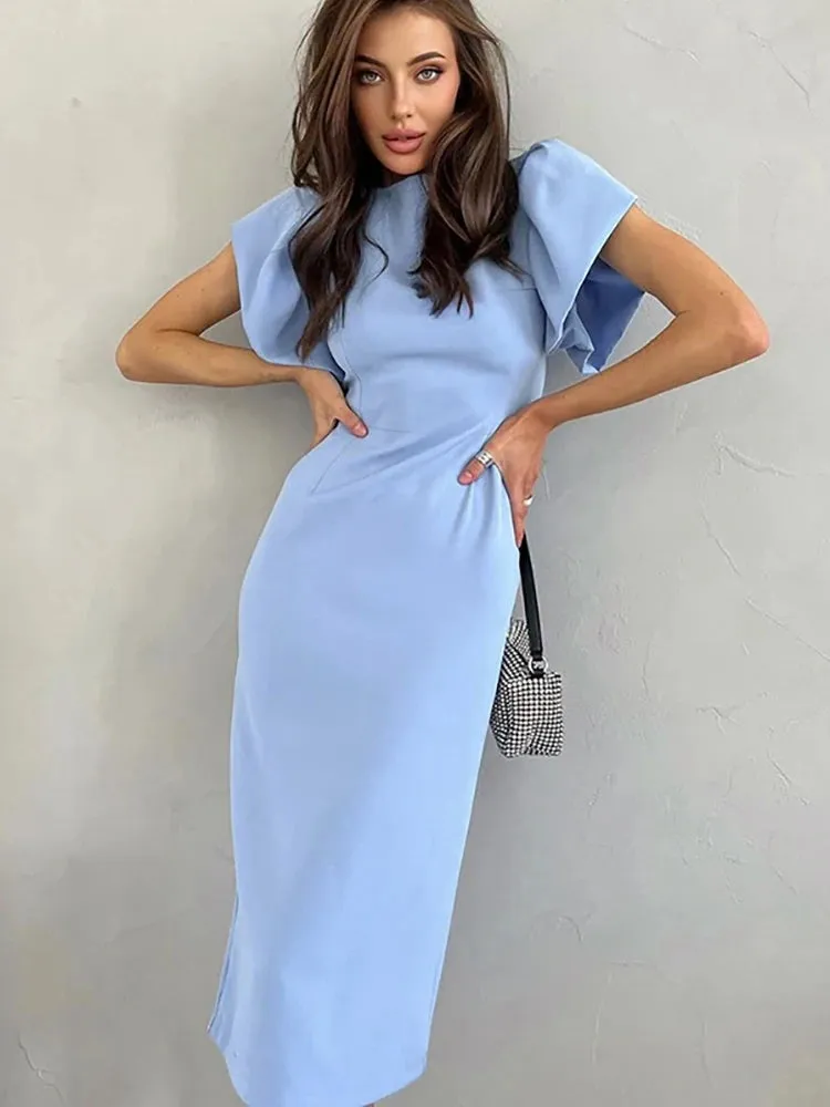 Elegant Blue Bodycon Midi Dress | Ruffle Sleeve Slit Office Dress 2025