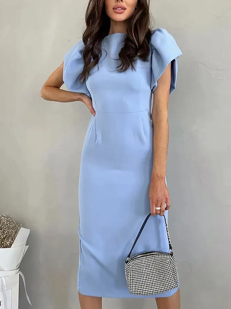 Elegant Blue Bodycon Midi Dress | Ruffle Sleeve Slit Office Dress 2025