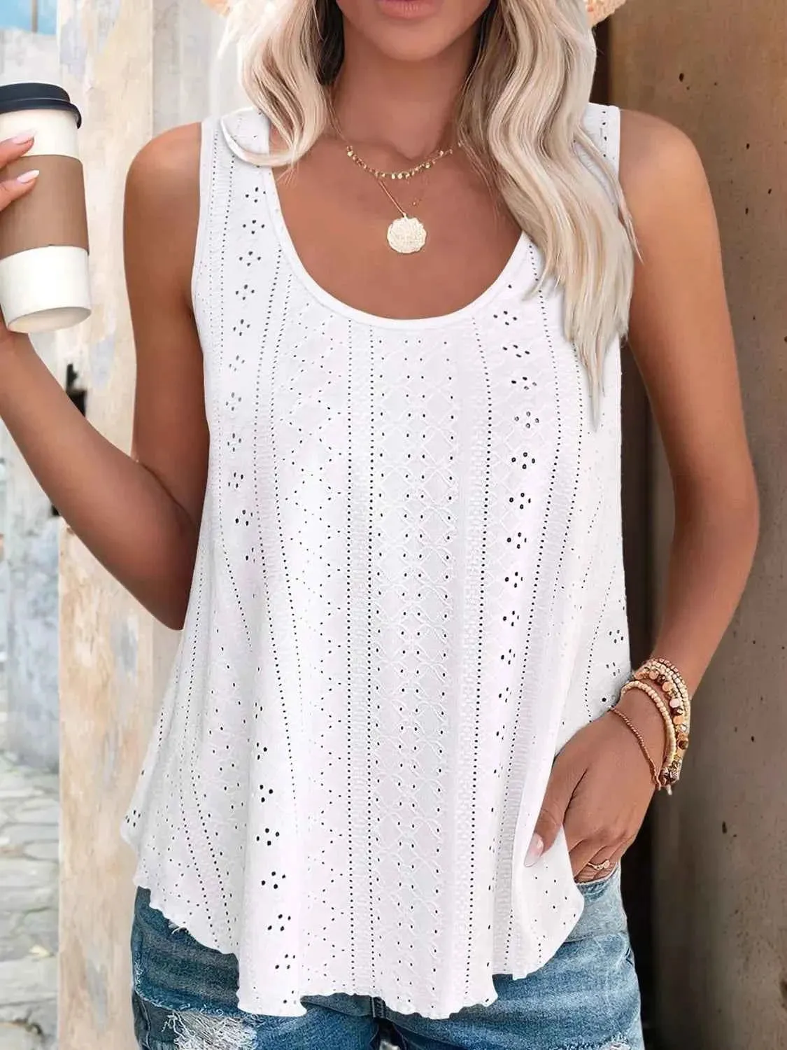 Eyelet Scoop Neck Tank Top for Effortless Style