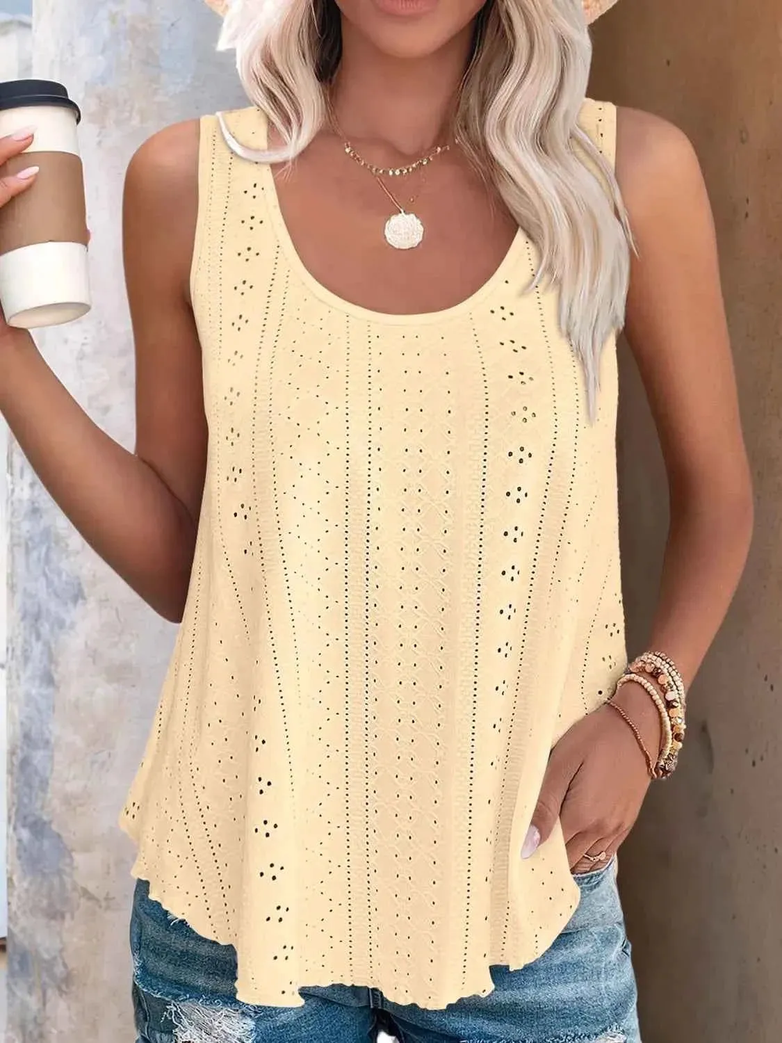 Eyelet Scoop Neck Tank Top for Effortless Style