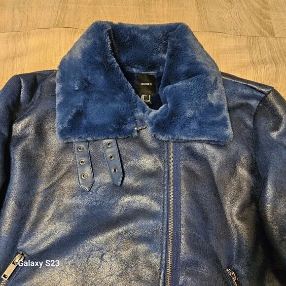Forever 21 Blue Sherling Winter Coat Womens Size L Nwt Faux Fur