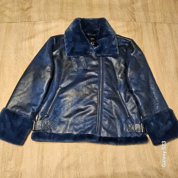 Forever 21 Blue Sherling Winter Coat Womens Size L Nwt Faux Fur