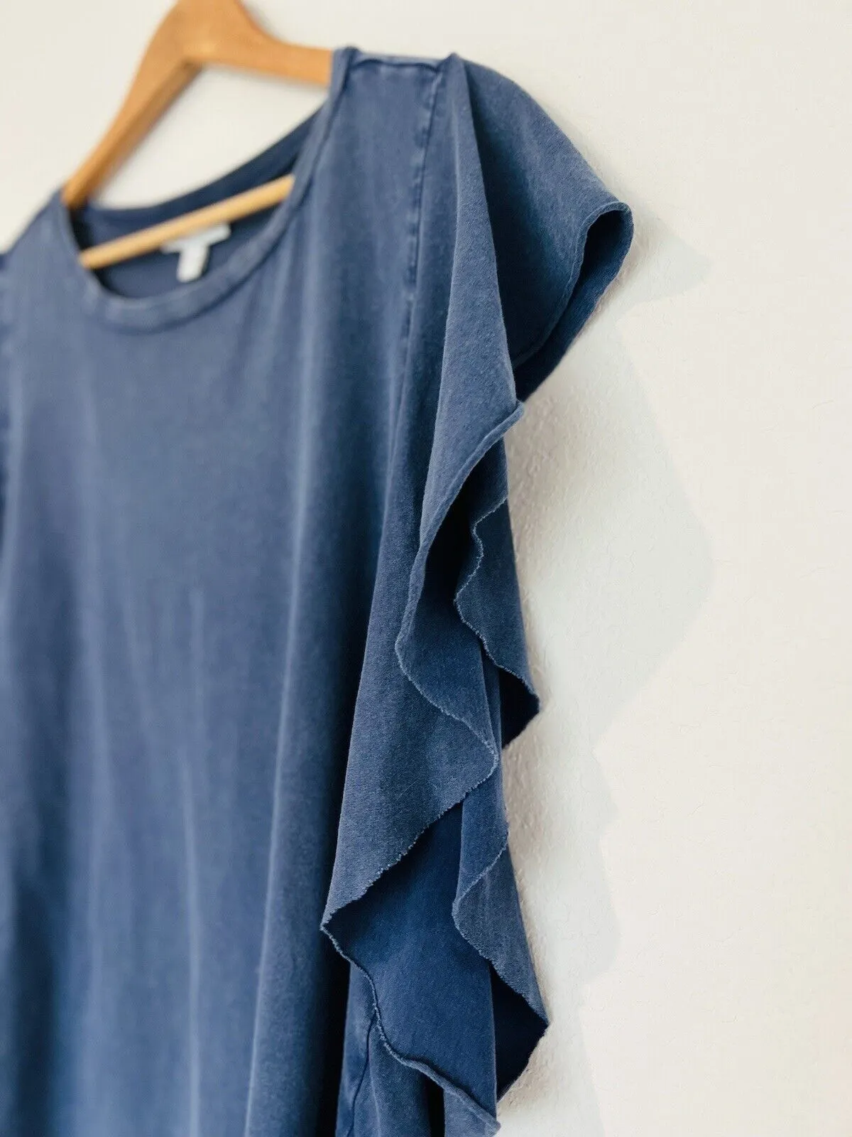 FRAYED JEANS Blue Distressed Jersey Top Sz L Ruffle Sleeve Relaxed Cotton Boho