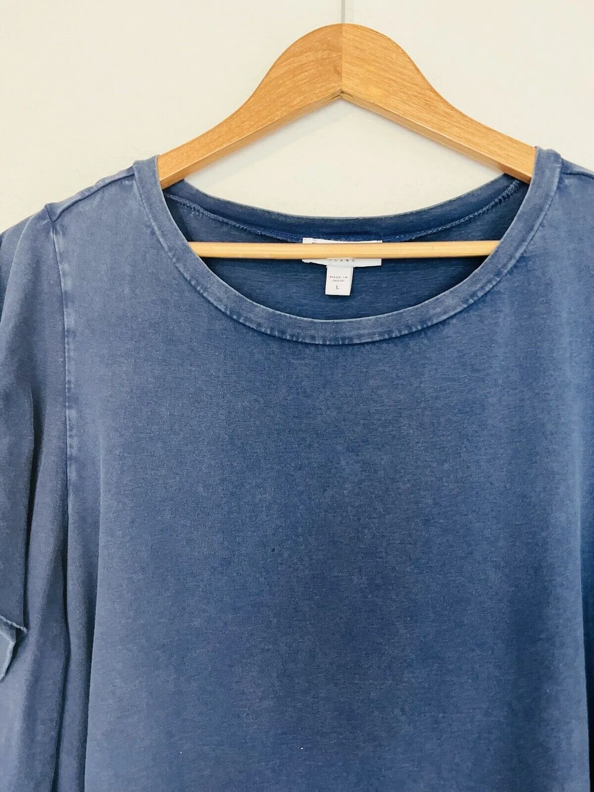 FRAYED JEANS Blue Distressed Jersey Top Sz L Ruffle Sleeve Relaxed Cotton Boho