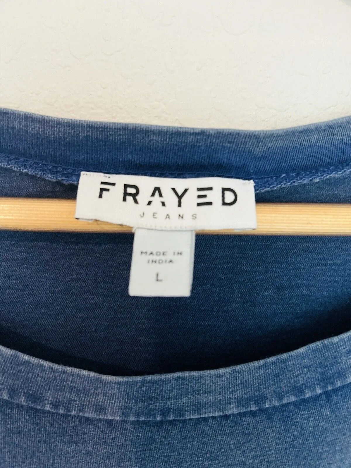 FRAYED JEANS Blue Distressed Jersey Top Sz L Ruffle Sleeve Relaxed Cotton Boho