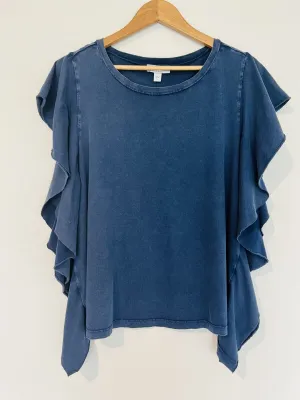FRAYED JEANS Blue Distressed Jersey Top Sz L Ruffle Sleeve Relaxed Cotton Boho