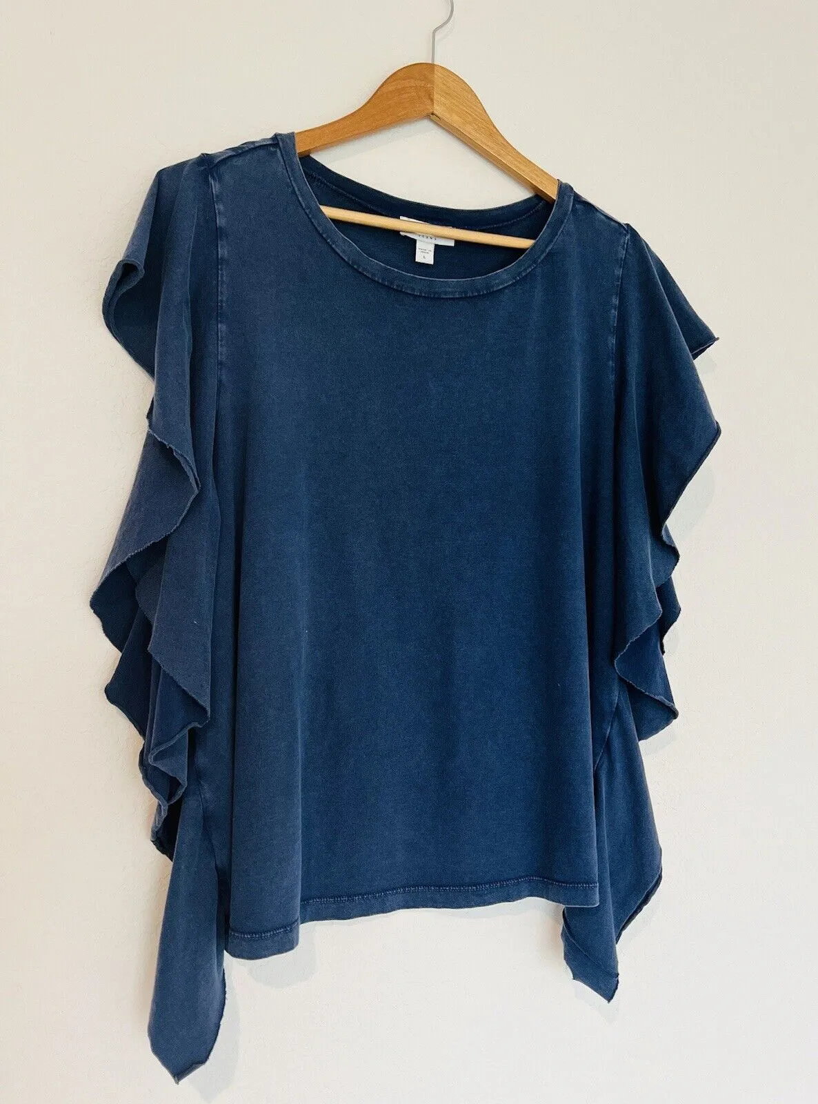 FRAYED JEANS Blue Distressed Jersey Top Sz L Ruffle Sleeve Relaxed Cotton Boho