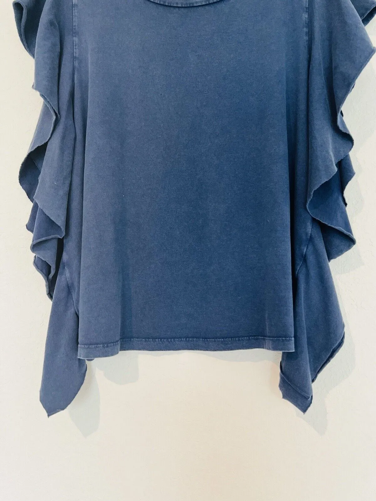 FRAYED JEANS Blue Distressed Jersey Top Sz L Ruffle Sleeve Relaxed Cotton Boho