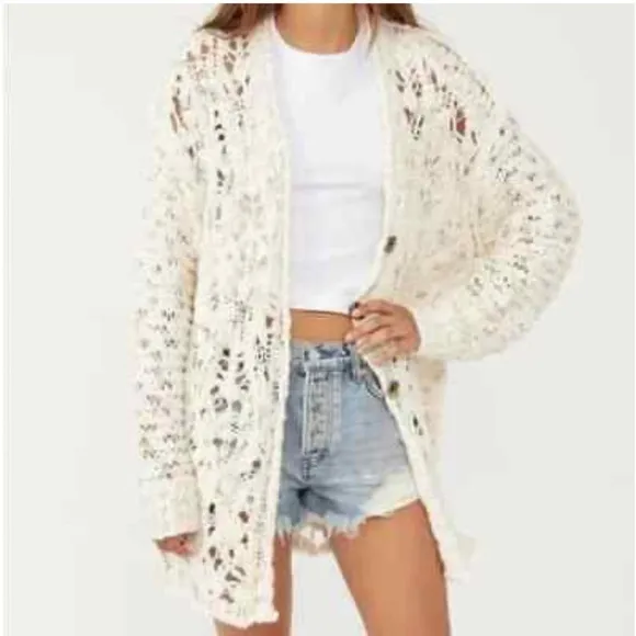Free People Ivory cream Imelda cardigan long loose knit boho oversized large