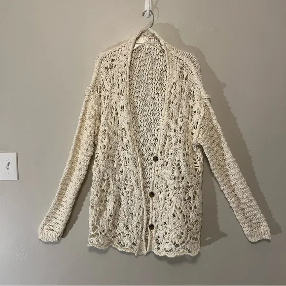 Free People Ivory cream Imelda cardigan long loose knit boho oversized large