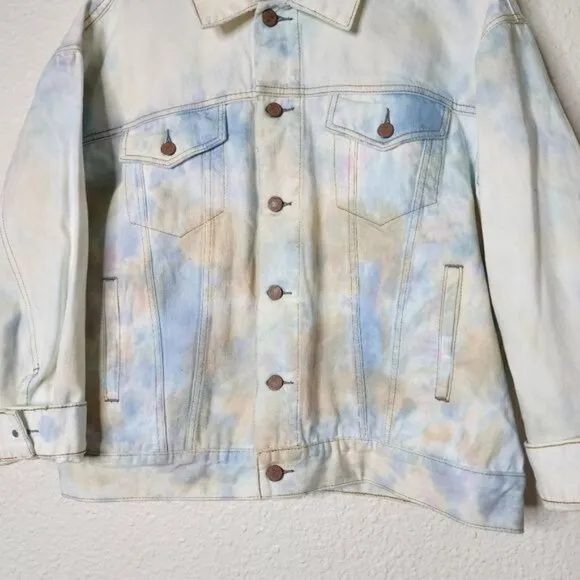 Free People Watercolor Tie-Dye Denim Trucker Jacket Oversized Size XS/Small