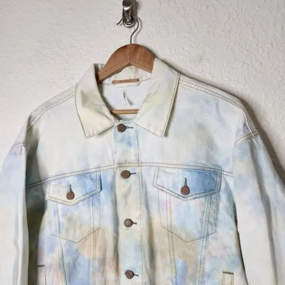 Free People Watercolor Tie-Dye Denim Trucker Jacket Oversized Size XS/Small