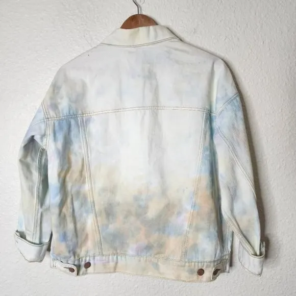Free People Watercolor Tie-Dye Denim Trucker Jacket Oversized Size XS/Small