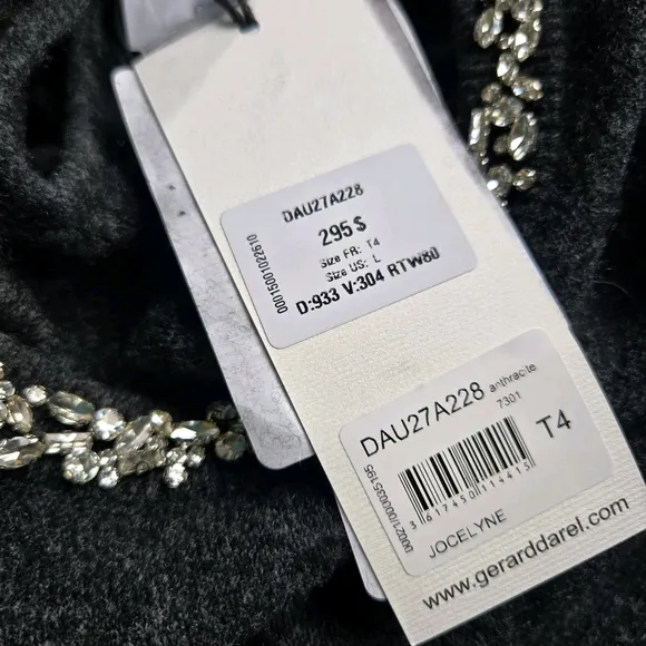 Gerard Darel 100% Wool Embellished Soft Gray Knit Sweater Sz 4 NWT Quiet Luxury